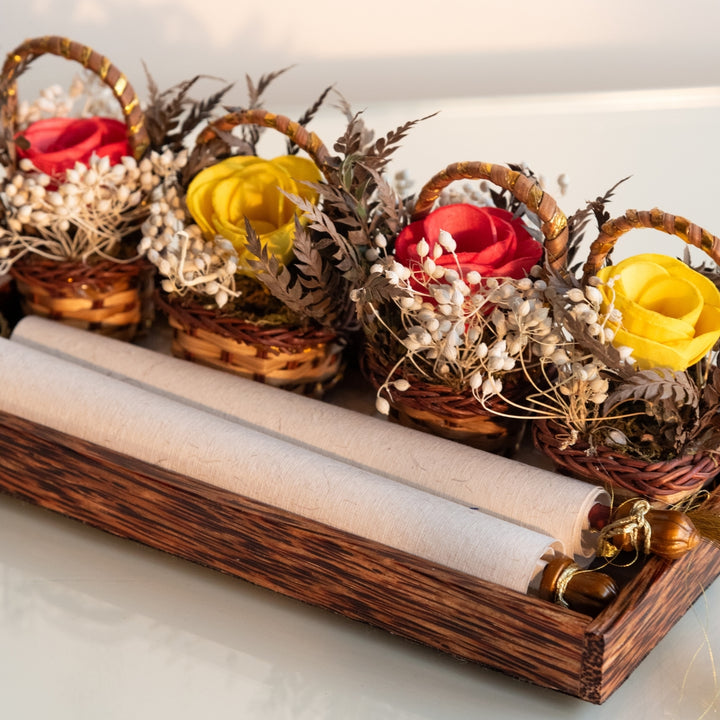 Handmade Mini Red And Yellow Dried Flower Bouquet In Willow Basket | Set Of 6