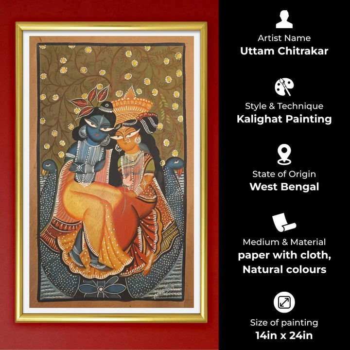 14 x 24 Inch | Radha Krishna Love | Original Hand Painted Kalighat Painting | Natural Pigment On Paper