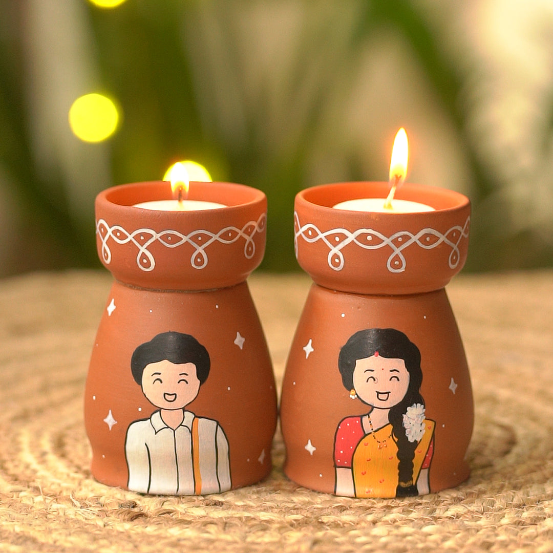 Hand-Painted South Indian Couple Terracotta Tealight Holder | Set Of 2