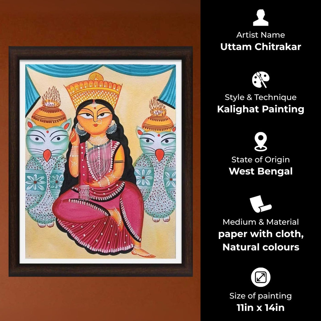 11 x 14 Inch | Lakshmi With Owls | Original Hand Painted Kalighat Painting | Natural Pigment On Paper