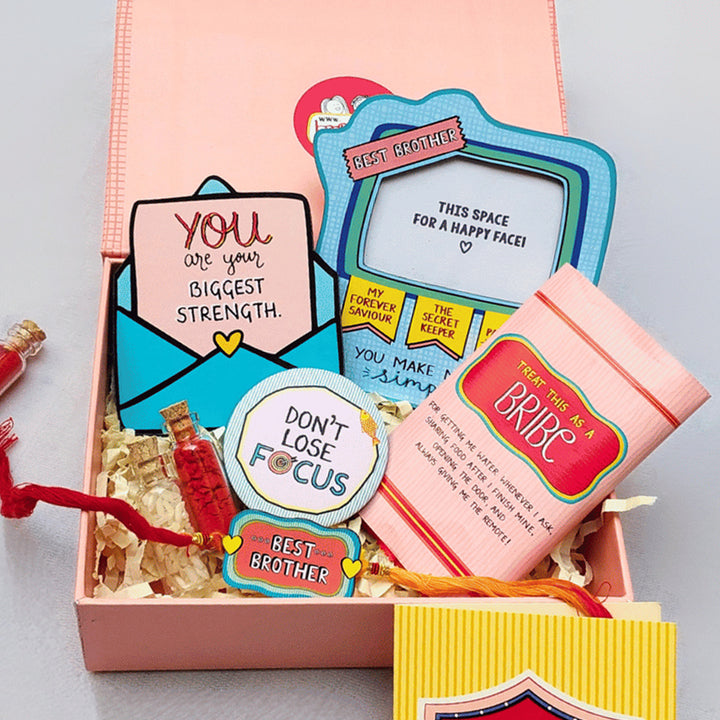 Personalized Photo Magnet & Rakhi Gift Hamper For Brother | With Chocolate & Kumkum Rice