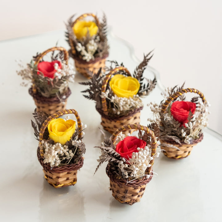 Handmade Mini Red And Yellow Dried Flower Bouquet In Willow Basket | Set Of 6