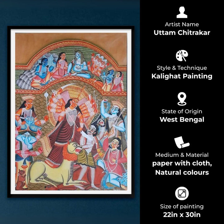 22 x 30 Inch | Mahishasura Mardini Durga With Lion | Original Hand Painted Kalighat Painting | Natural Pigment On Paper