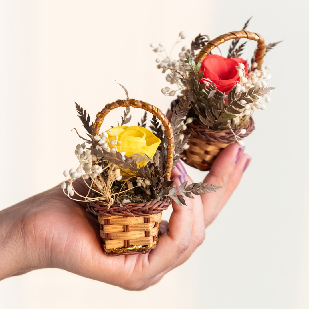 Handmade Mini Red And Yellow Dried Flower Bouquet In Willow Basket | Set Of 6