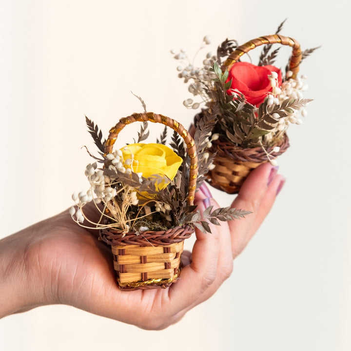 Handmade Mini Red And Yellow Dried Flower Bouquet In Willow Basket | Set Of 6