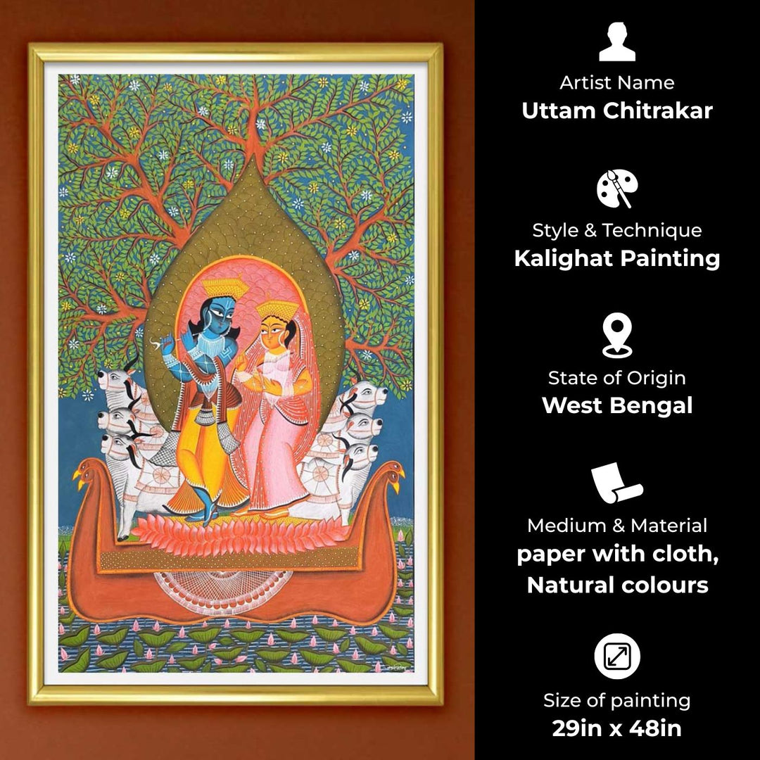 29 x 48 Inch | Radha Krishna On Boat | Original Hand Painted Kalighat Painting | Natural Pigment On Paper