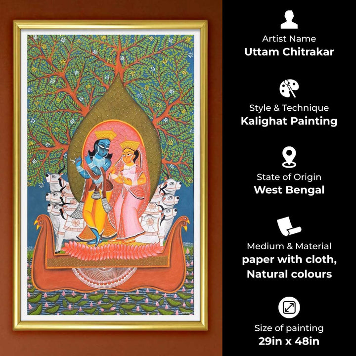 29 x 48 Inch | Radha Krishna On Boat | Original Hand Painted Kalighat Painting | Natural Pigment On Paper