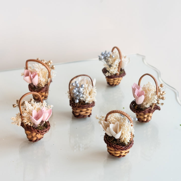 Handmade Mini Pink And White Dried Flower Bouquet In Willow Basket | Set Of 6
