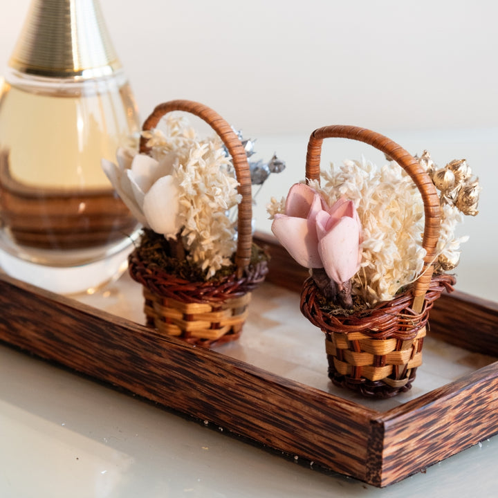Handmade Mini Pink And White Dried Flower Bouquet In Willow Basket | Set Of 6