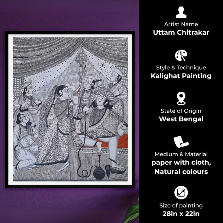 28 x 22 Inch | Royal Court Scene | Original Hand Painted Kalighat Painting | Natural Pigment On Paper