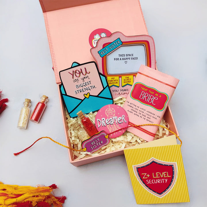 Personalized Wood Slice & Rakhi Gift Hamper For Sister With Kumkum Rice