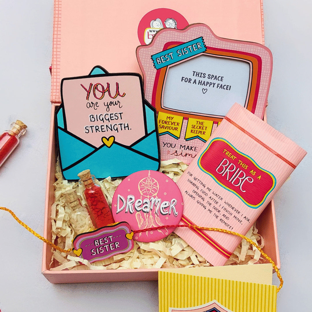 Personalized Wood Slice & Rakhi Gift Hamper For Sister With Kumkum Rice