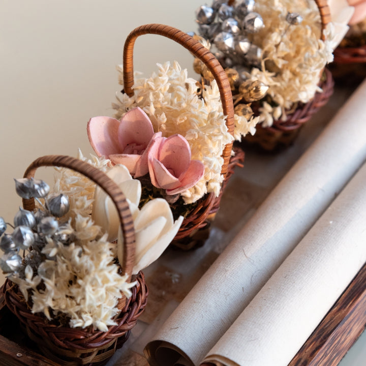 Handmade Mini Pink And White Dried Flower Bouquet In Willow Basket | Set Of 6