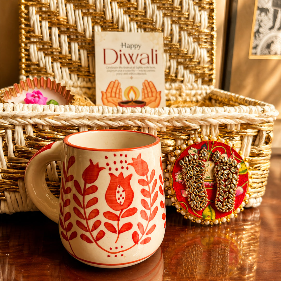Ruby Sip Red Diwali Gift Hamper With Tumbler, Mug And Small Urli Soy Wax Candle For Festive Gifting