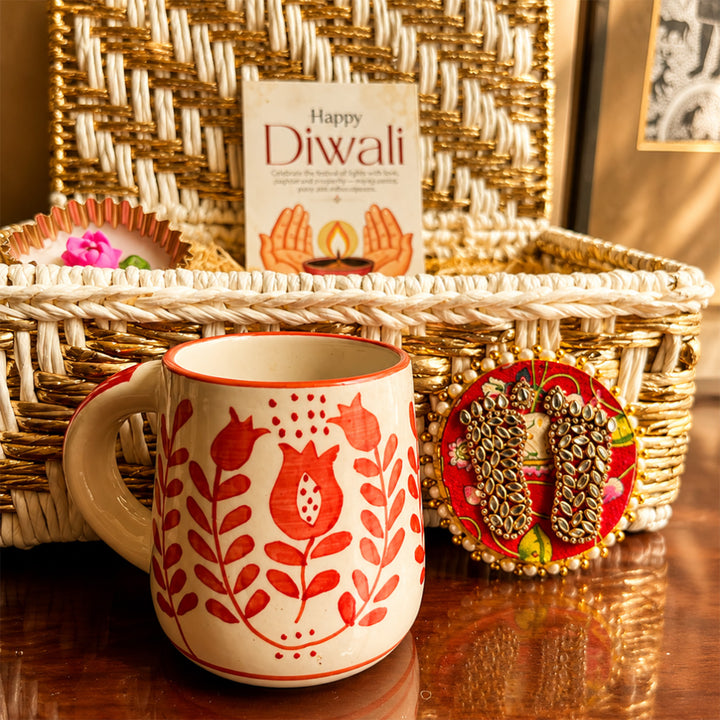 Ruby Sip Red Diwali Gift Hamper With Tumbler, Mug And Small Urli Soy Wax Candle For Festive Gifting