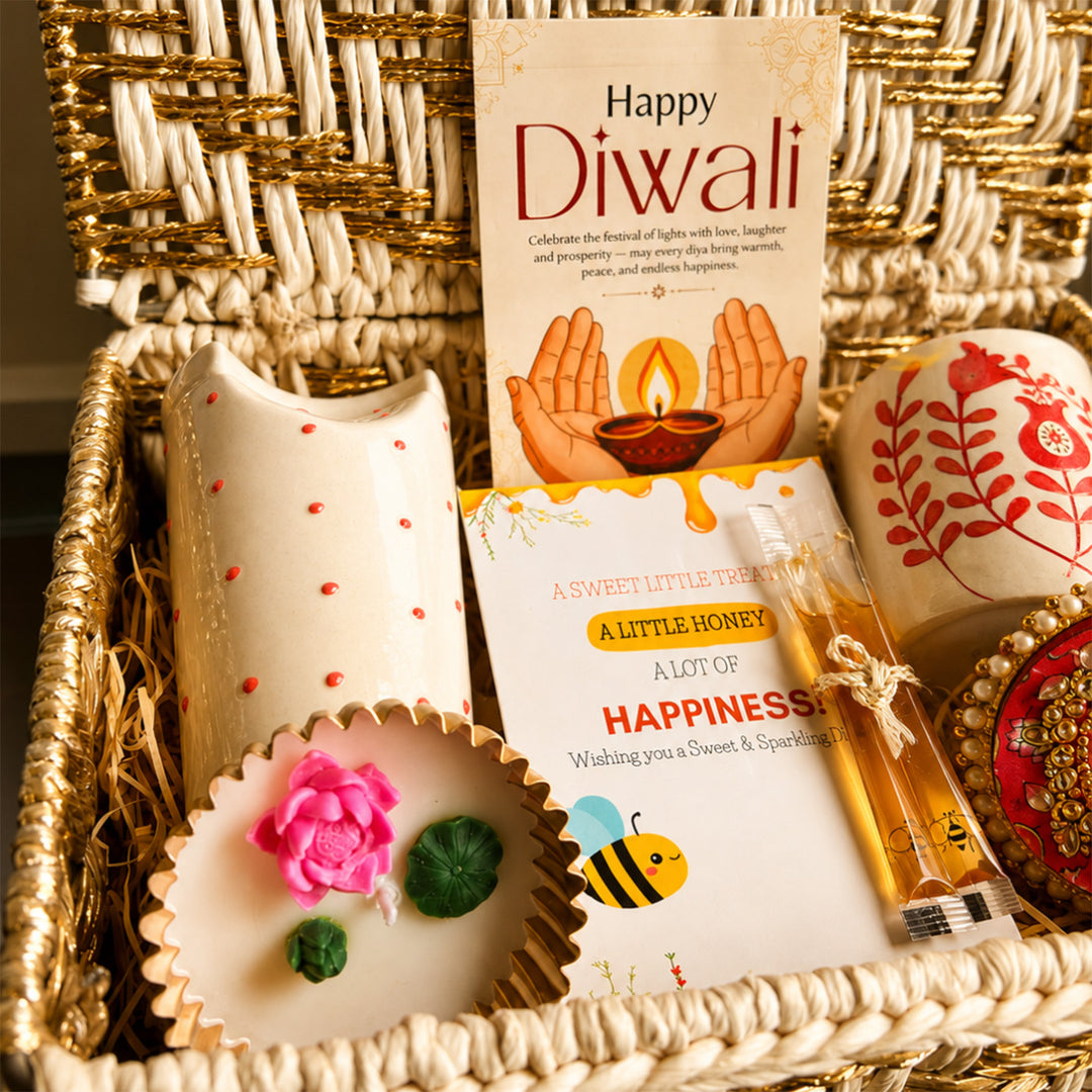 Ruby Sip Red Diwali Gift Hamper With Tumbler, Mug And Small Urli Soy Wax Candle For Festive Gifting