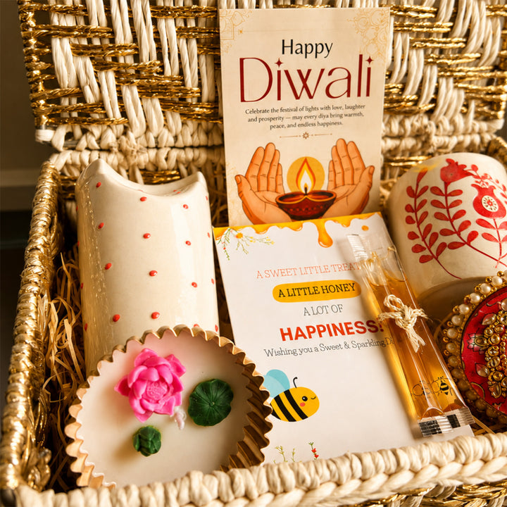 Ruby Sip Red Diwali Gift Hamper With Tumbler, Mug And Small Urli Soy Wax Candle For Festive Gifting