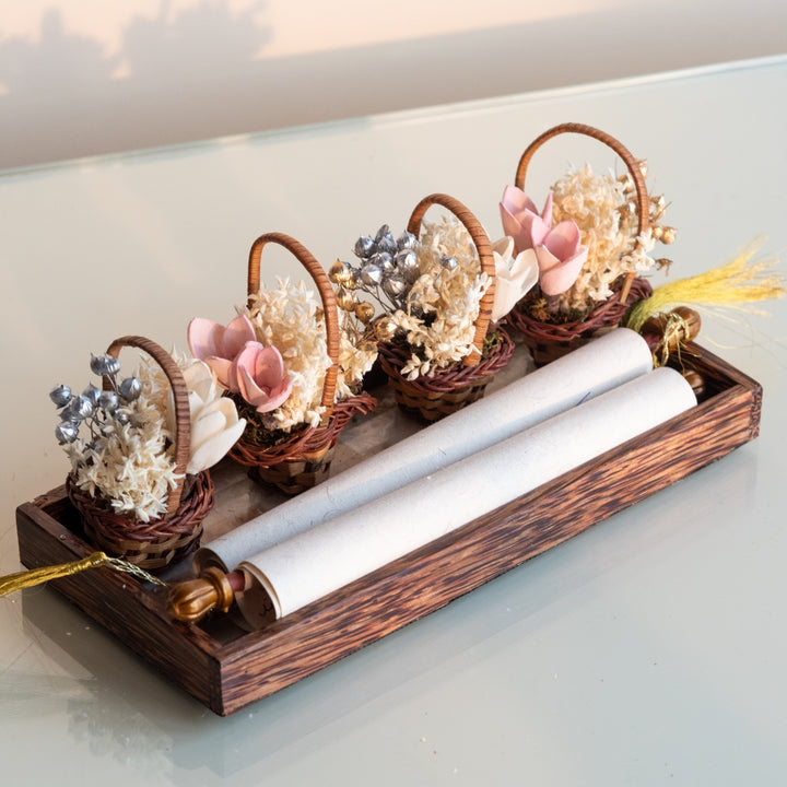 Handmade Mini Pink And White Dried Flower Bouquet In Willow Basket | Set Of 6