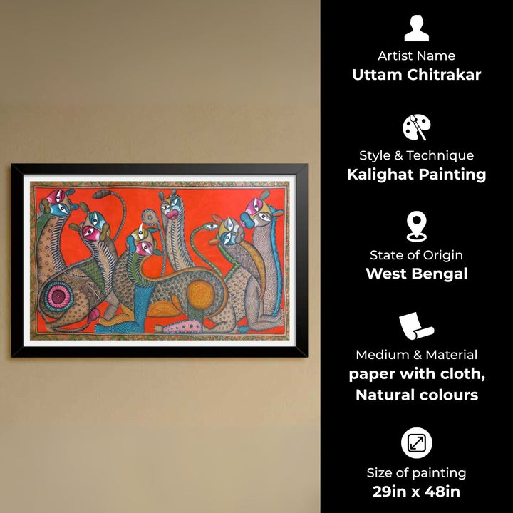 29 x 48 Inch | Cat Family | Original Hand Painted Kalighat Painting | Natural Pigment On Paper