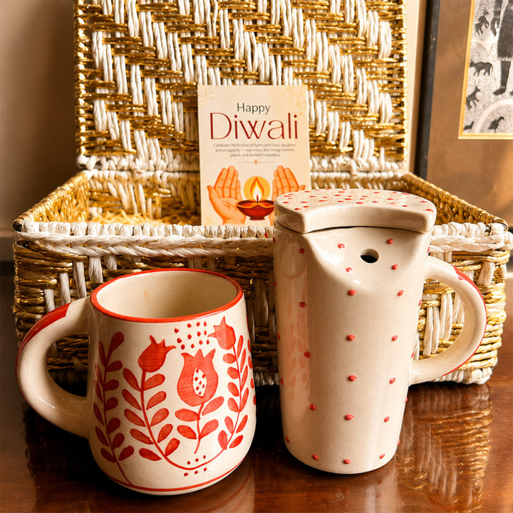 Ruby Sip Red Diwali Gift Hamper With Tumbler, Mug And Small Urli Soy Wax Candle For Festive Gifting
