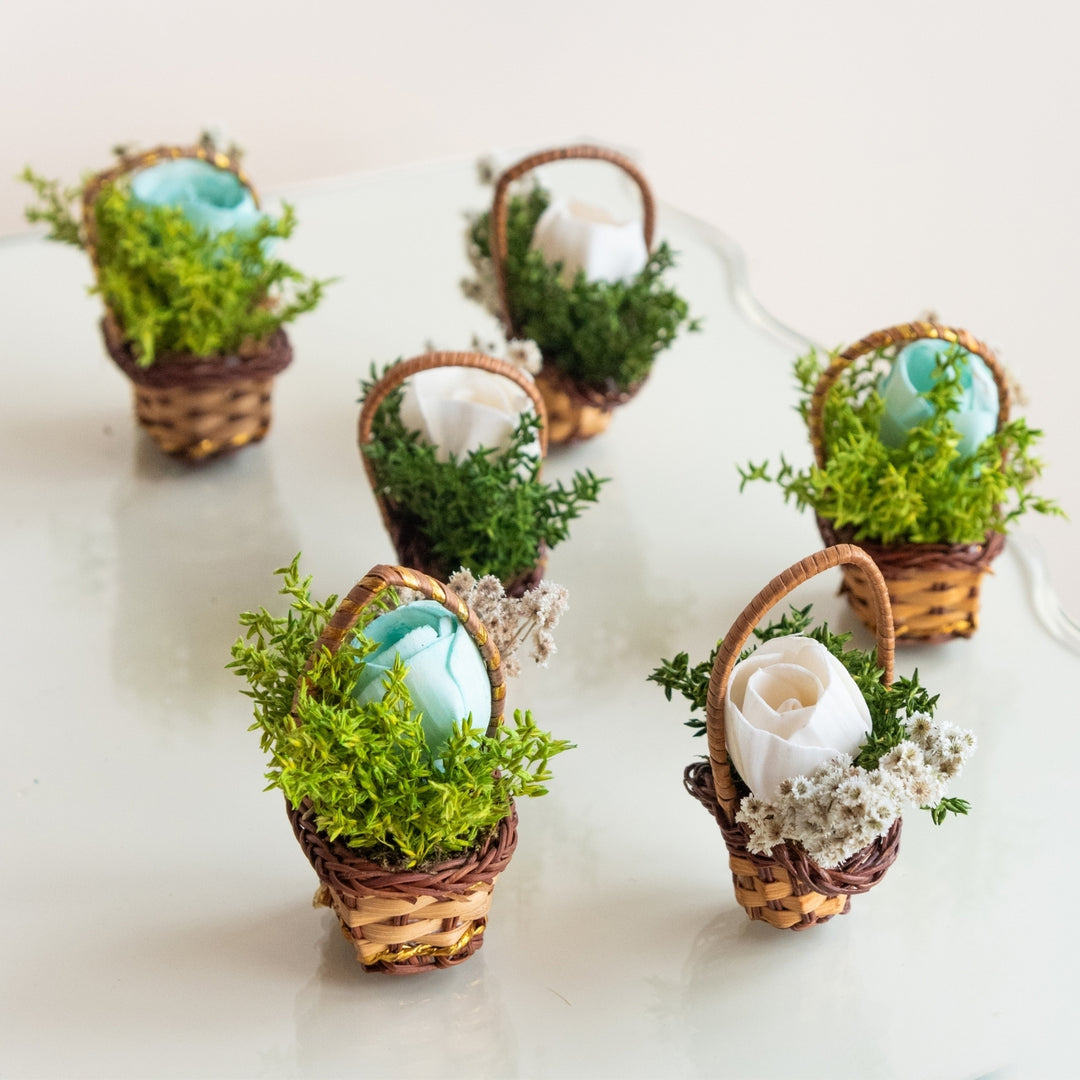 Handmade Mini Blue And White Dried Flower Bouquet In Willow Basket | Set Of 6