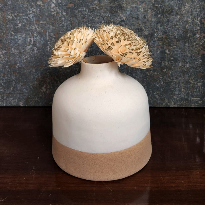 Handmade White & Tan Ceramic Short Ceramic Vase