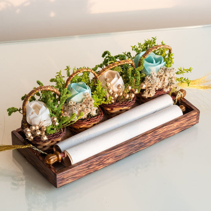 Handmade Mini Blue And White Dried Flower Bouquet In Willow Basket | Set Of 6