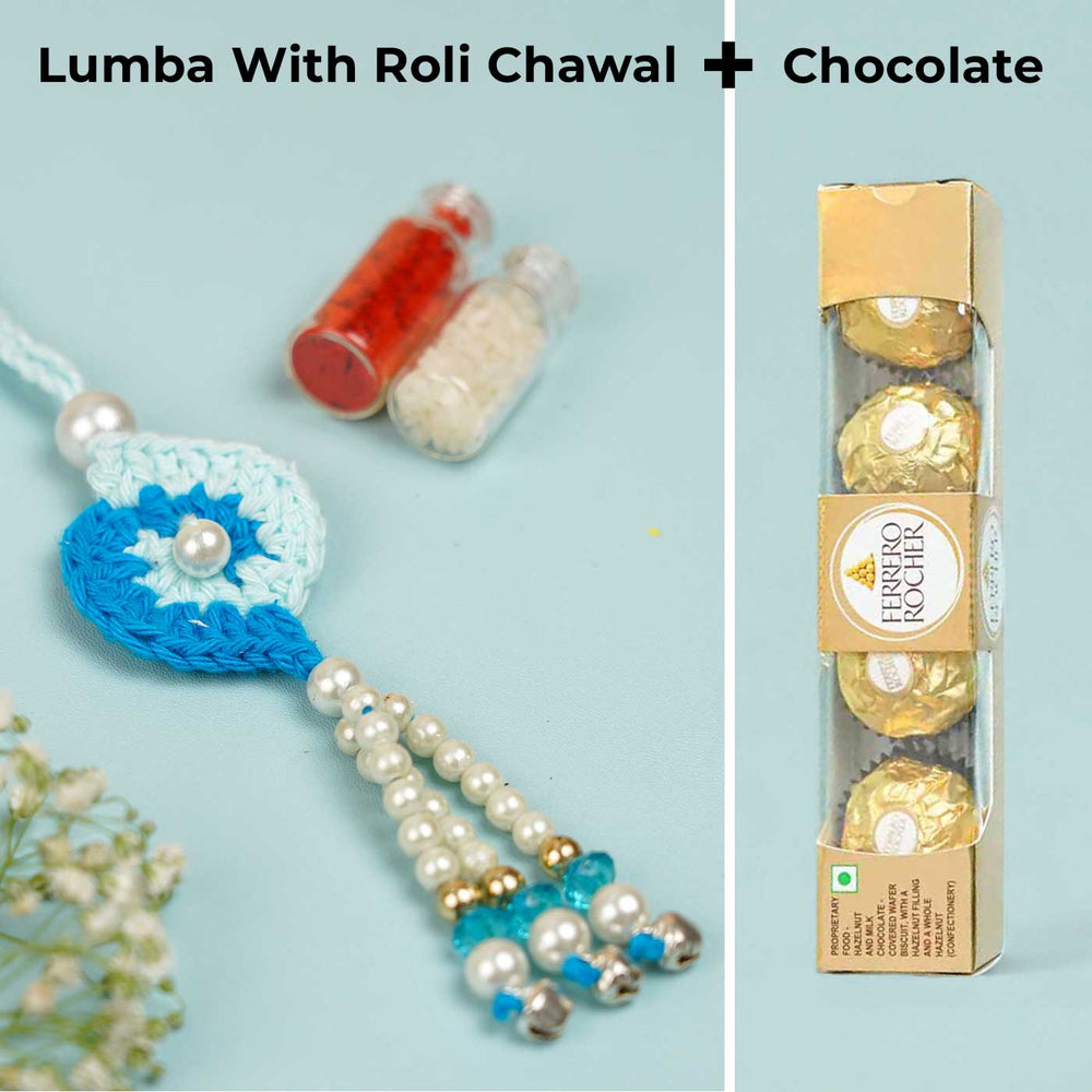 Customized Handmade Crochet Spiral Lumba Rakhi For Bhabhi With Roli Chawal - Combo Packaging Display