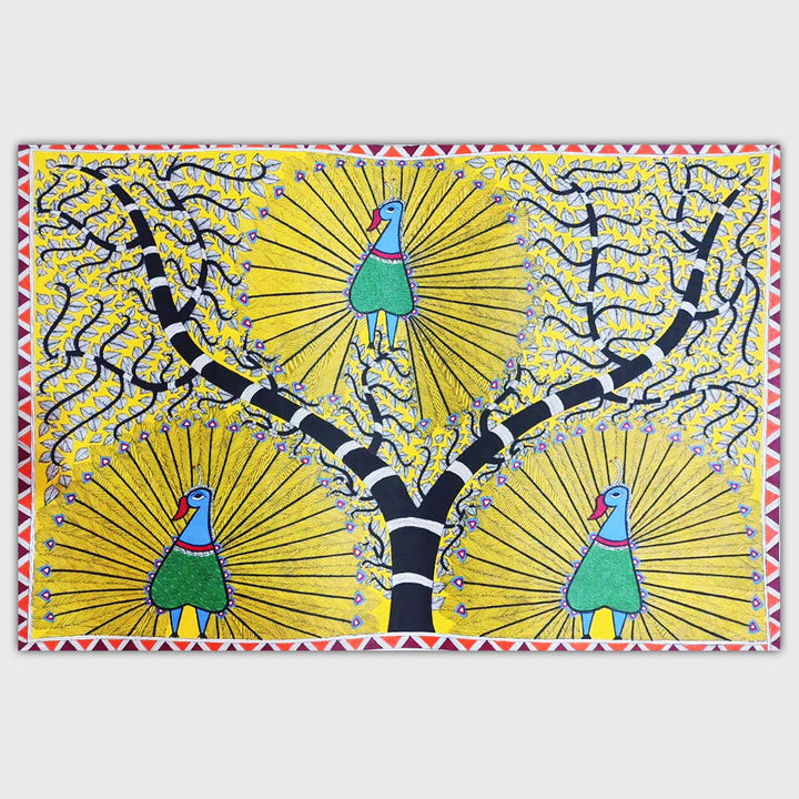 22 x 30 Inch | Peacock Trio | Original Hand Painted Madhubani Painting | Natural Pigments On Paper