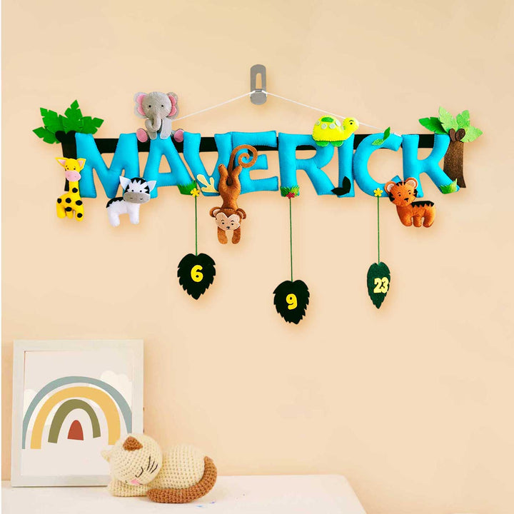 Personalized Blue Jungle Theme Felt Kids Name Plate