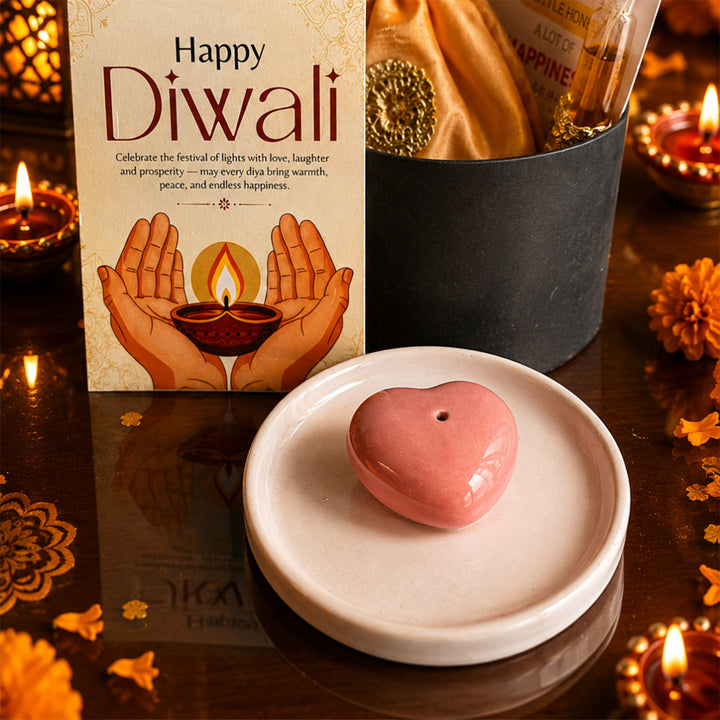 Midnight Heart Black Diwali Gift Hamper With Heart Agarbatti Stand And Peach Potli For Festive Gifting