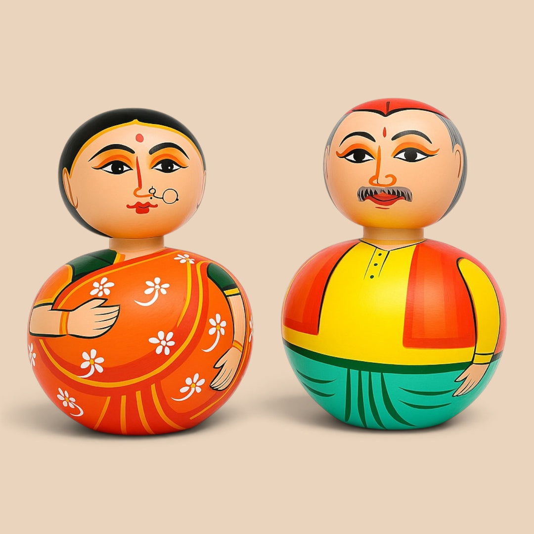Set of 2 | Hand-Painted Orange & Teal Bobble Head Couple Wooden Golu Dolls For Gifting & Decor