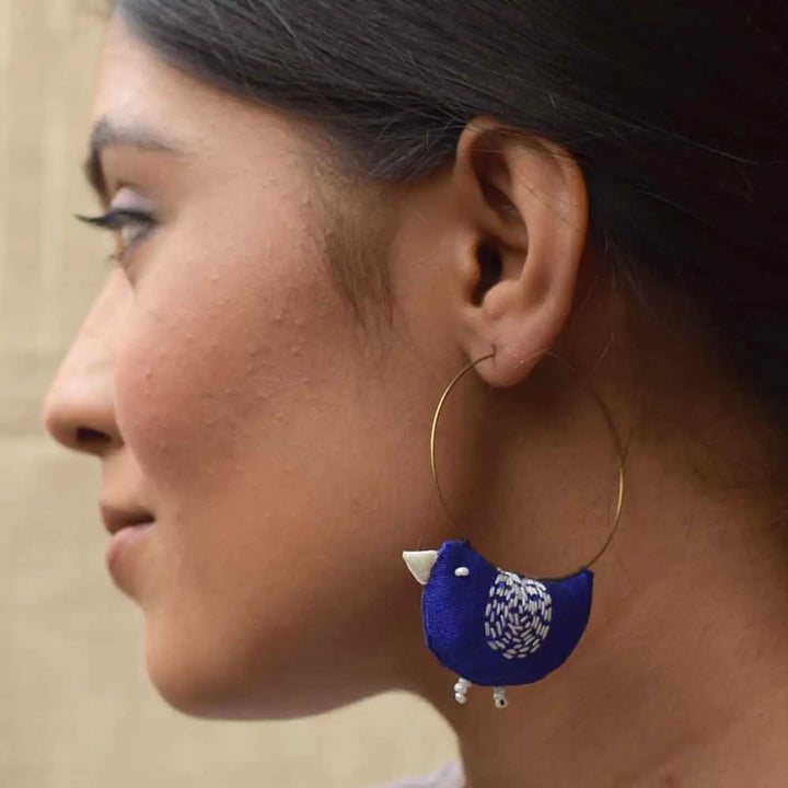 Handmade Textile Art Bulbul Bird Shaped Hoop Dupion Silk Fabric Earrings