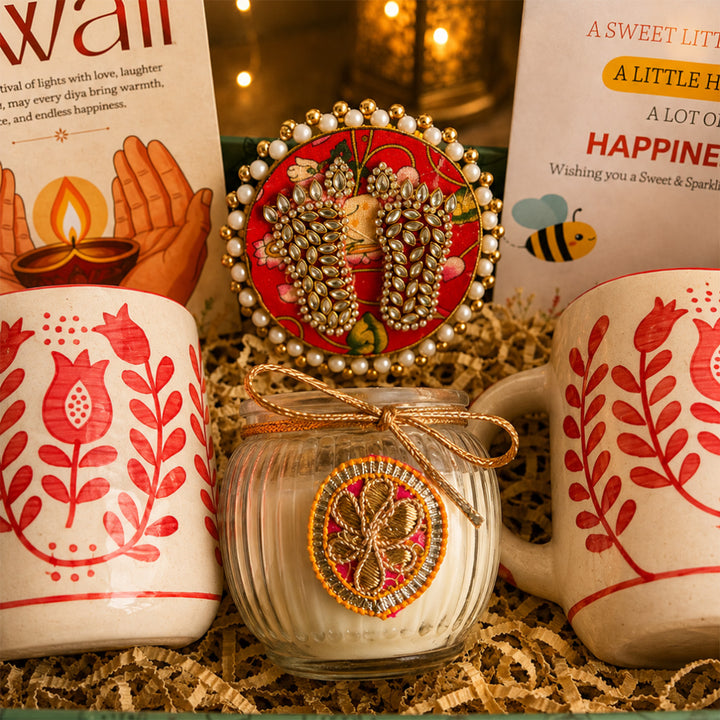 Festive Chai & Glow Green Diwali Gift Hamper With Set Of 2 Mugs And Matka Soy Wax Candle For Festive Gifting