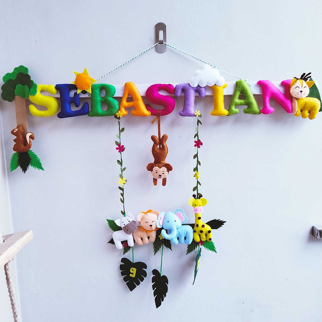 Personalized Jungle Theme Felt Kids Name Plate With Date of Birth