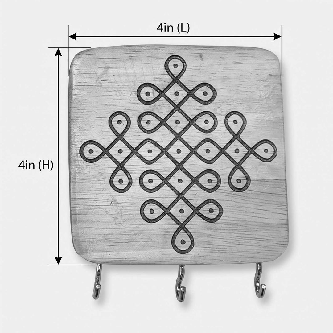 Engraved Flower Medallion Kolam Rubber Wood Wall Key Holder