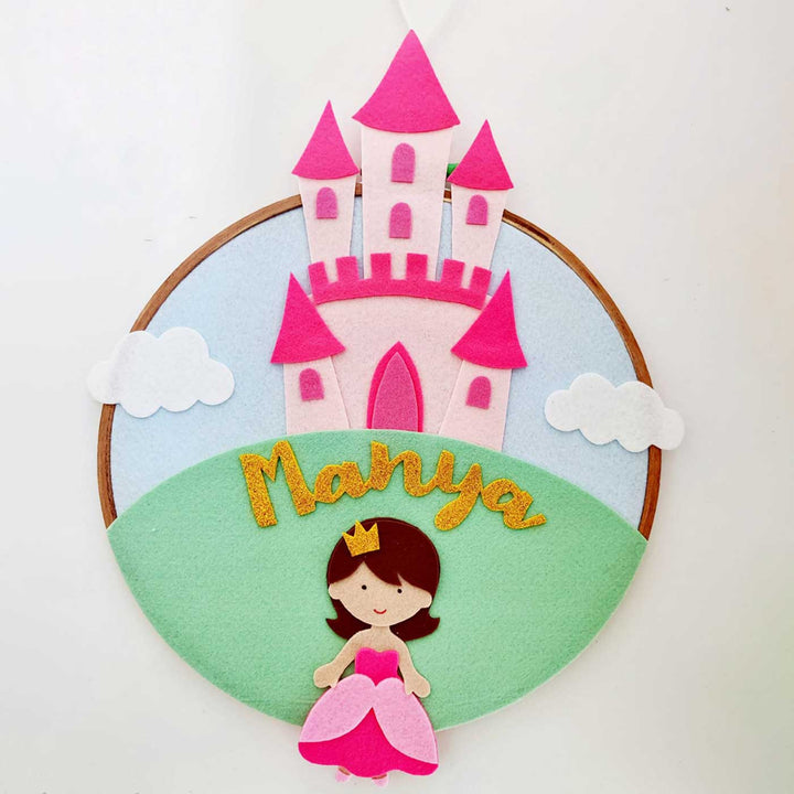 Personalized Handmade Princess And Castle Felt Hoop Name Plate - Front View with Name Personalization (2)