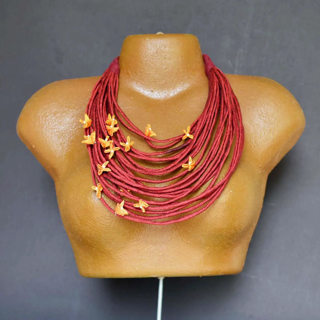 Handmade Textile Art Wired Floral Design Dupion Silk Fabric Necklace