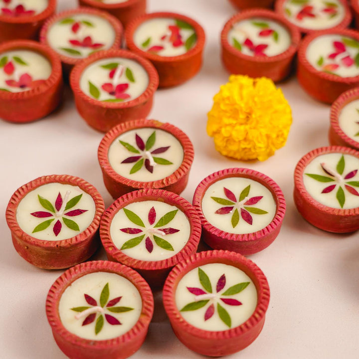 24 Diyas | Handmade Soy Wax & Dry Flower Festive Diyas | 12 Boxes, 2 Diyas per Box
