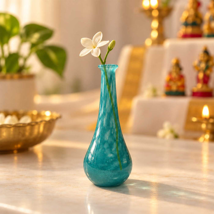 Handmade Teal Tall Bud Small Glass Art Vase For Home Decor