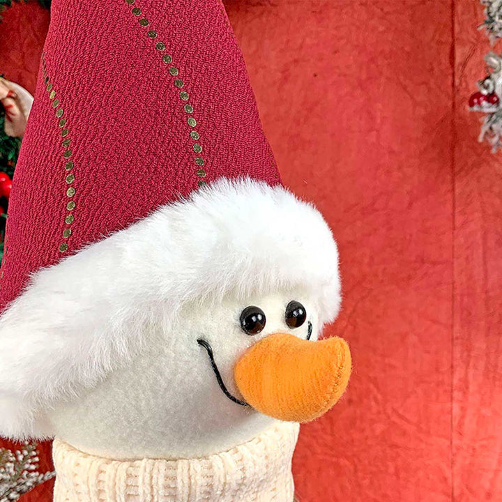 Cream Maroon Gold Self-Standing Snowman Woolen Decor For Christmas Table Decoration