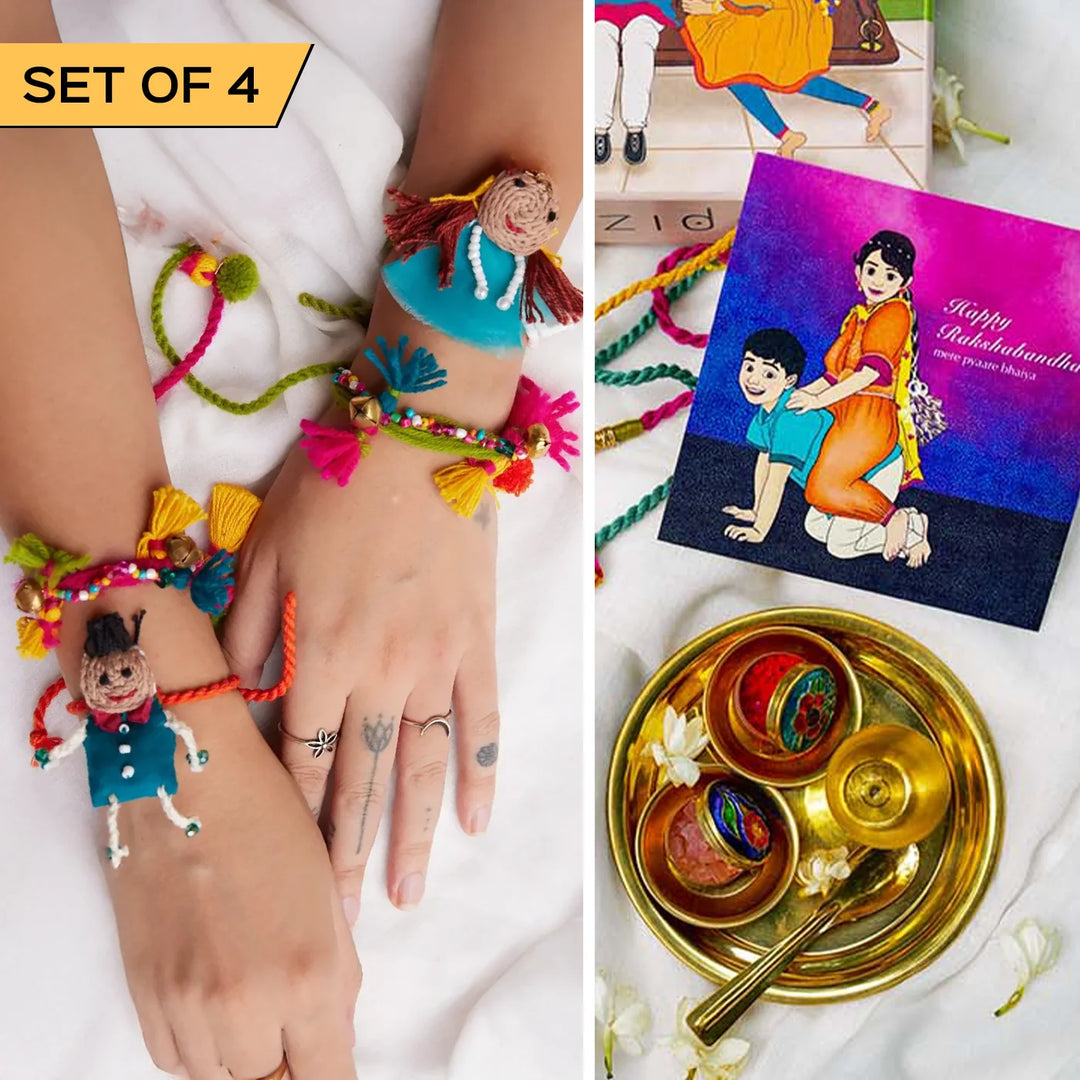 4 pc Rakhi + Brass Thali Set | Premium Madhuri Rakhi Set with Roli Chawal