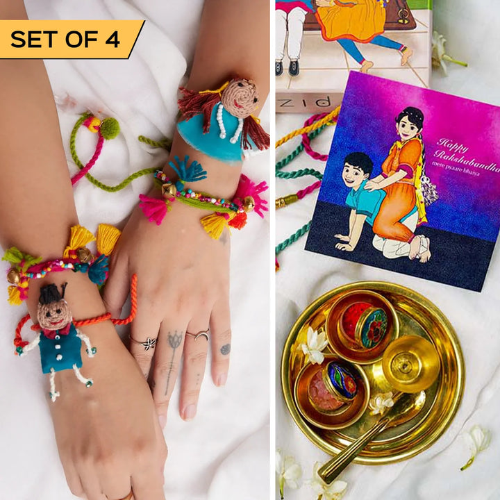 4 pc Rakhi + Brass Thali Set | Premium Madhuri Rakhi Set with Roli Chawal