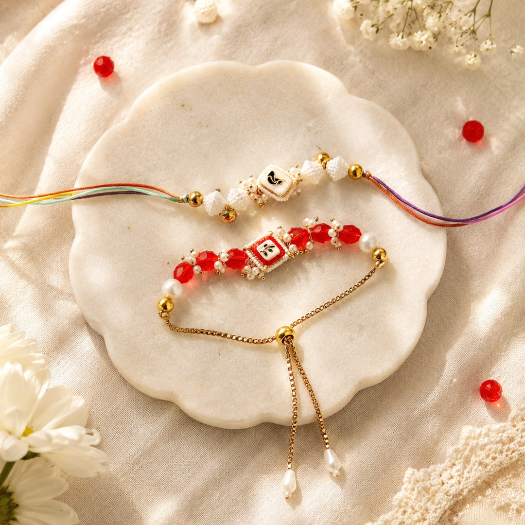 Hand-Knotted Red & White Beaded Rakhi & Lumba Set For Bhaiya Bhabhi | Set of 2