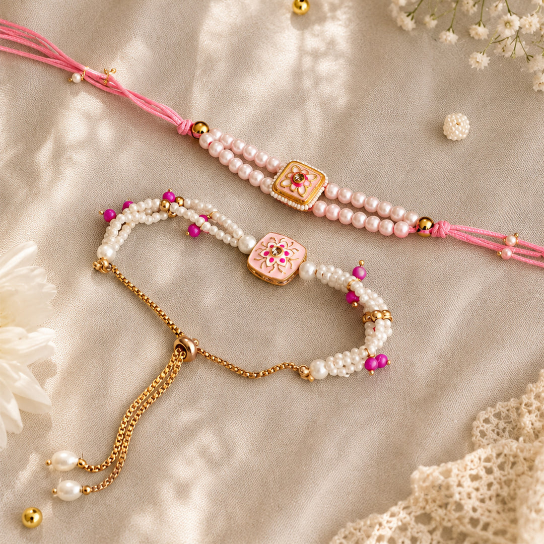Hand-Knotted Pearl Beaded Rakhi & Lumba Set With Roli Chawal For Bhaiya Bhabhi