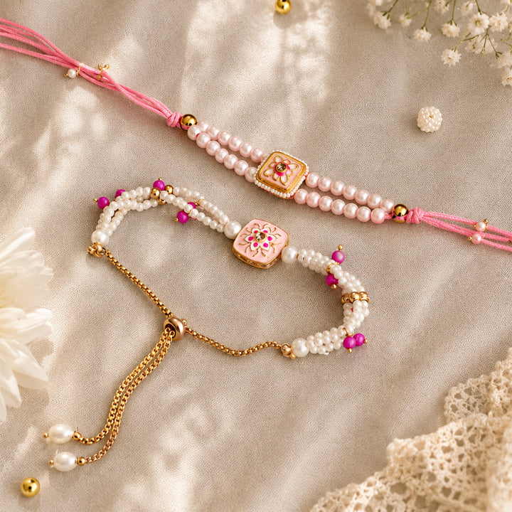 Hand-Knotted Pearl Beaded Rakhi & Lumba Set With Roli Chawal For Bhaiya Bhabhi