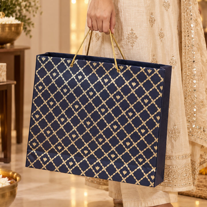 "Box Flower Maze" Handmade Golden Screen Printed Large Paper Bag For Festive Gifting