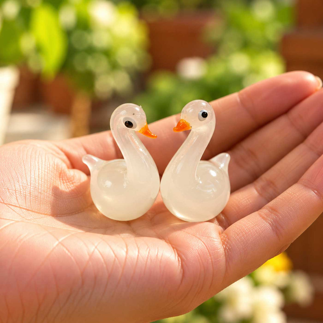 Set of 2 | Handmade Blown Glass White Swan Miniature Figurine For Decor