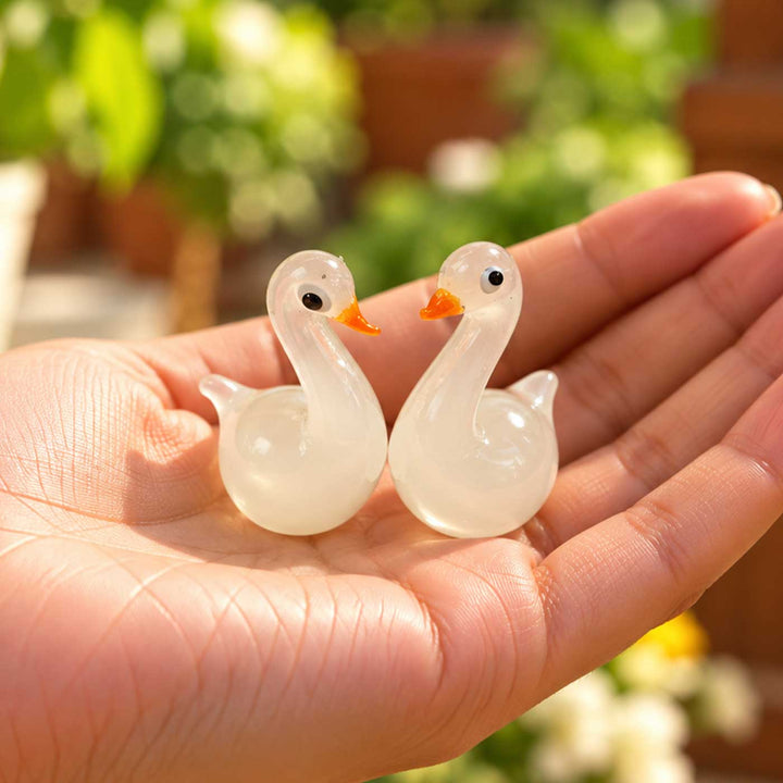 Set of 2 | Handmade Blown Glass White Swan Miniature Figurine For Decor
