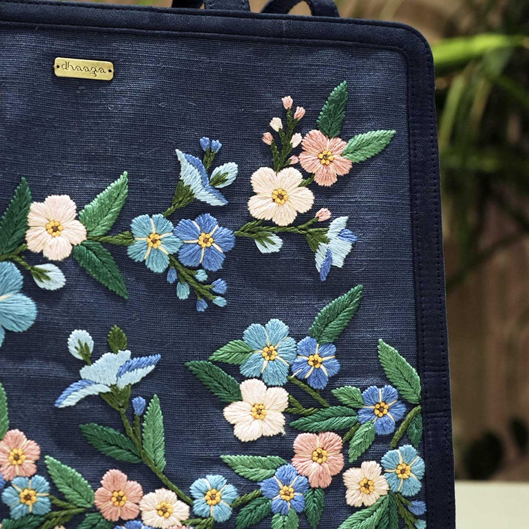 Personalized Hand Embroidered Blue Floral Tote Bag